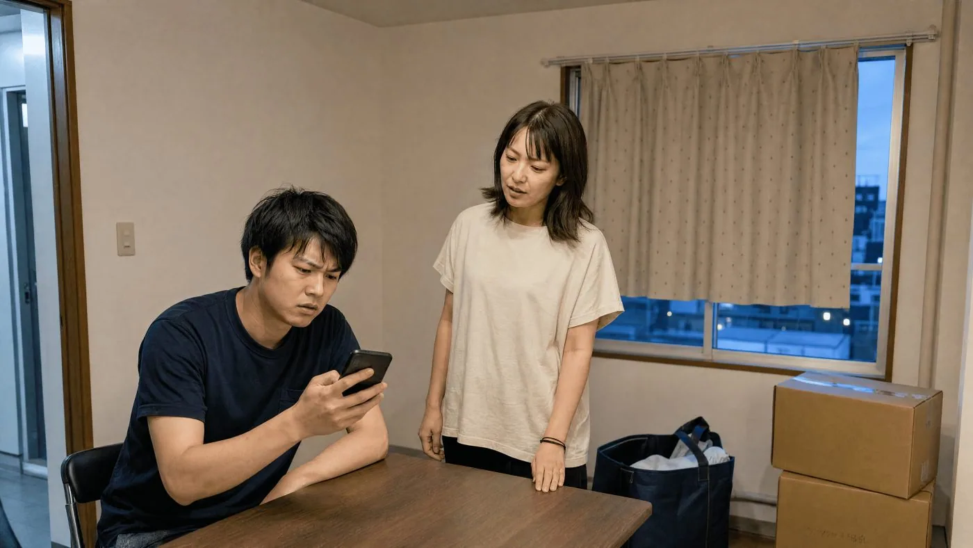 引っ越し先の部屋でスマートフォンを確かめる夫婦（創作事例のイメージ）