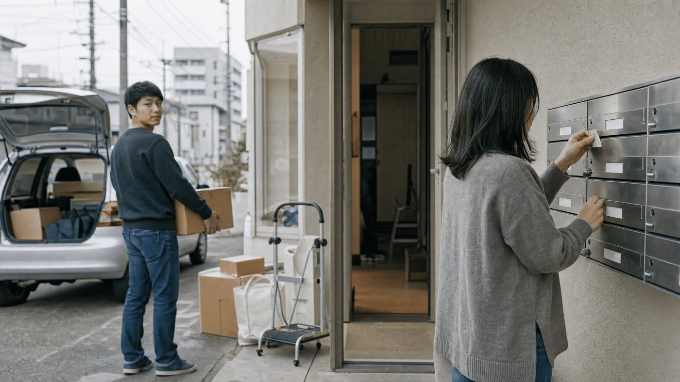 引っ越しの荷物を運び込みながら郵便受けを確かめる様子(創作事例のイメージ)