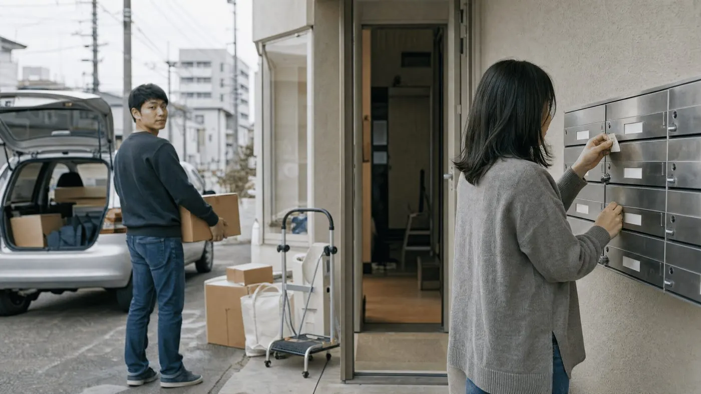 引っ越しの荷物を運び込みながら郵便受けを確かめる様子（創作事例のイメージ）