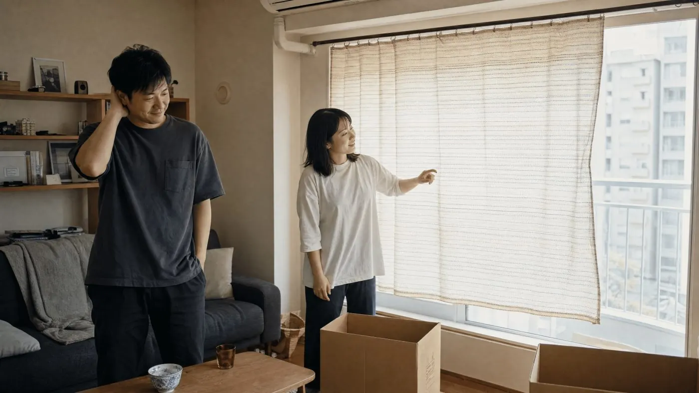 荷ほどきの途中で立ち止まる二人（創作事例のイメージ）