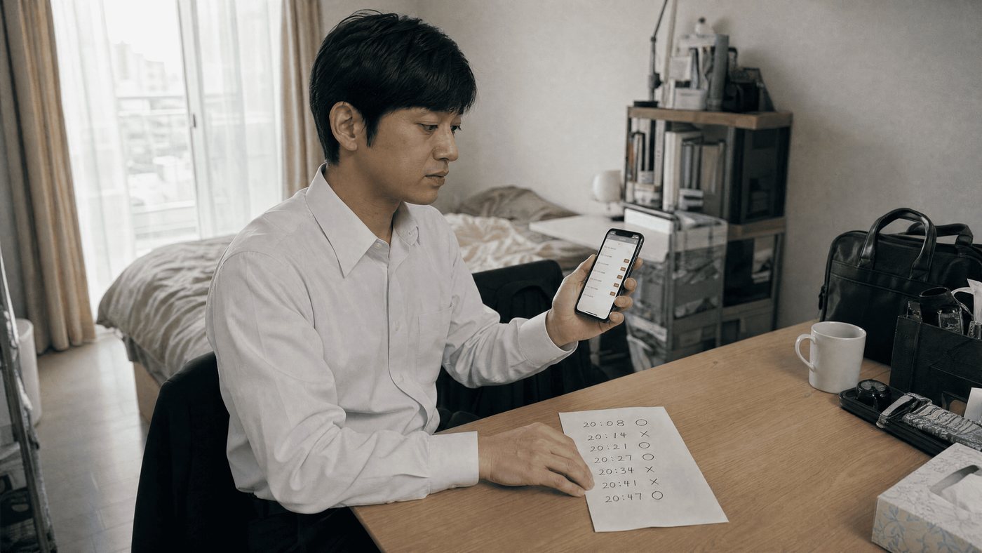 出勤前にスマートフォンで取引履歴を確認する様子（創作事例のイメージ）