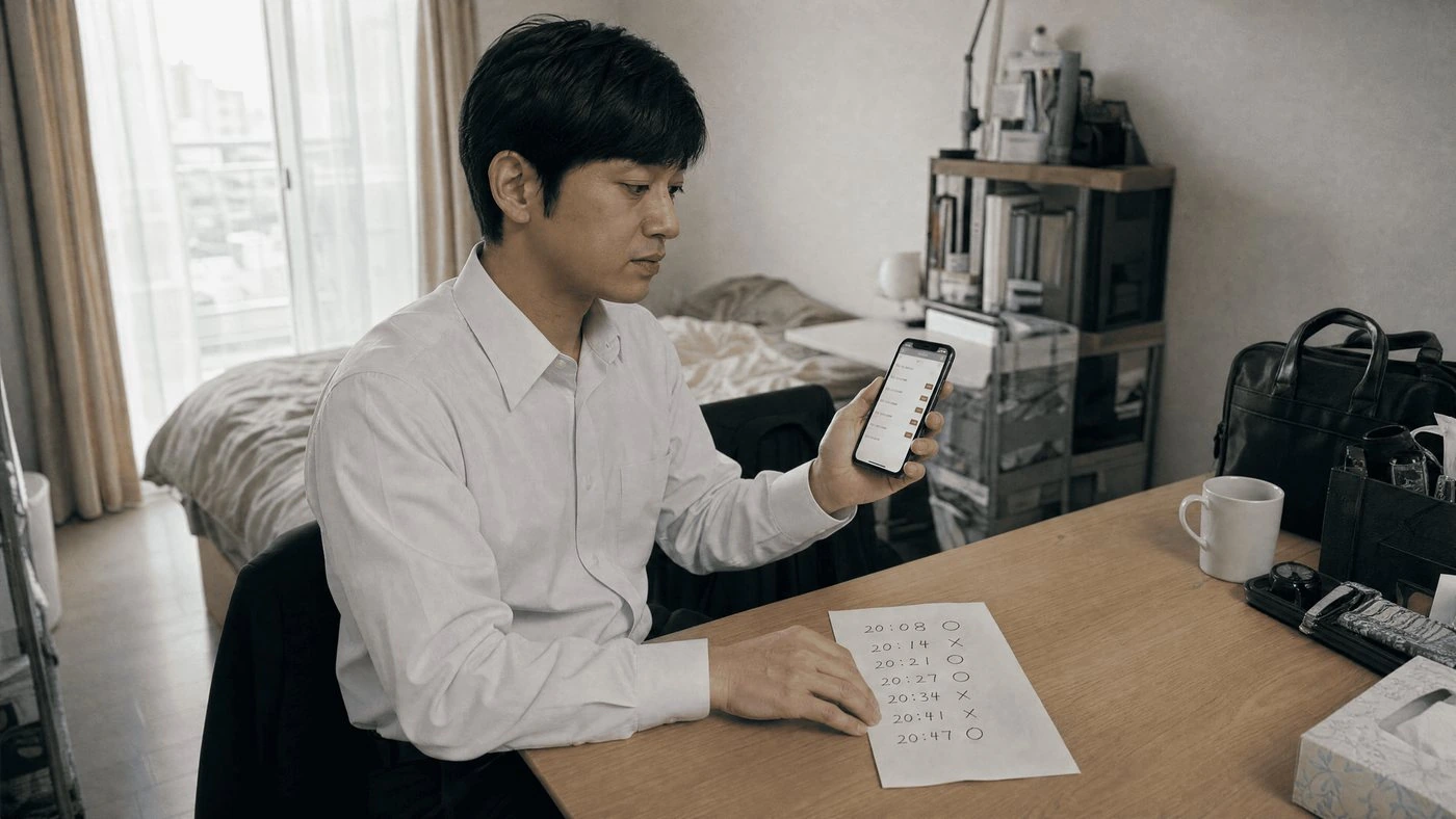 出勤前にスマートフォンで取引履歴を確認する様子（創作事例のイメージ）