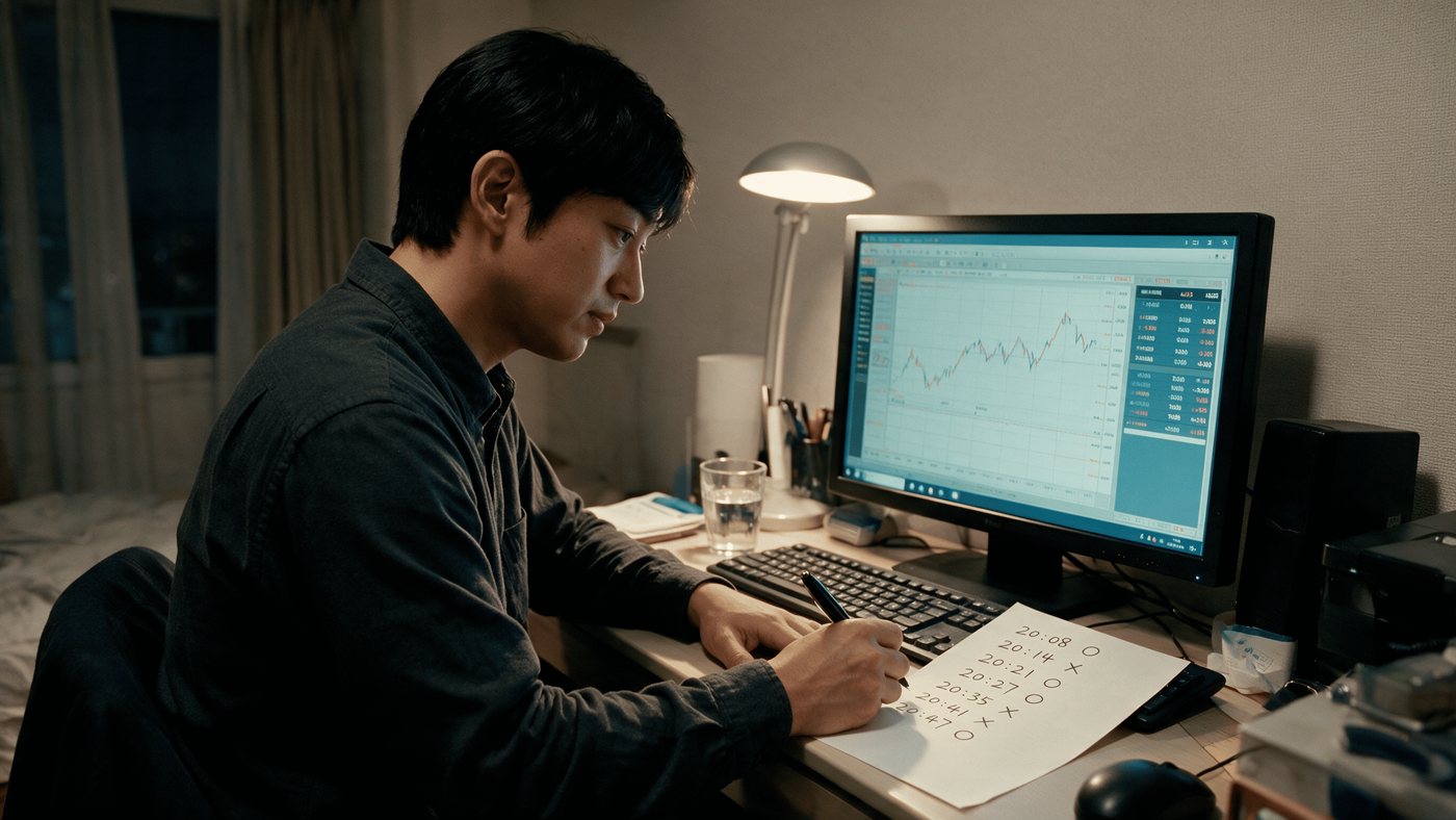 夜の自室でチャートを見ながら取引の結果を書き留める様子（創作事例のイメージ）