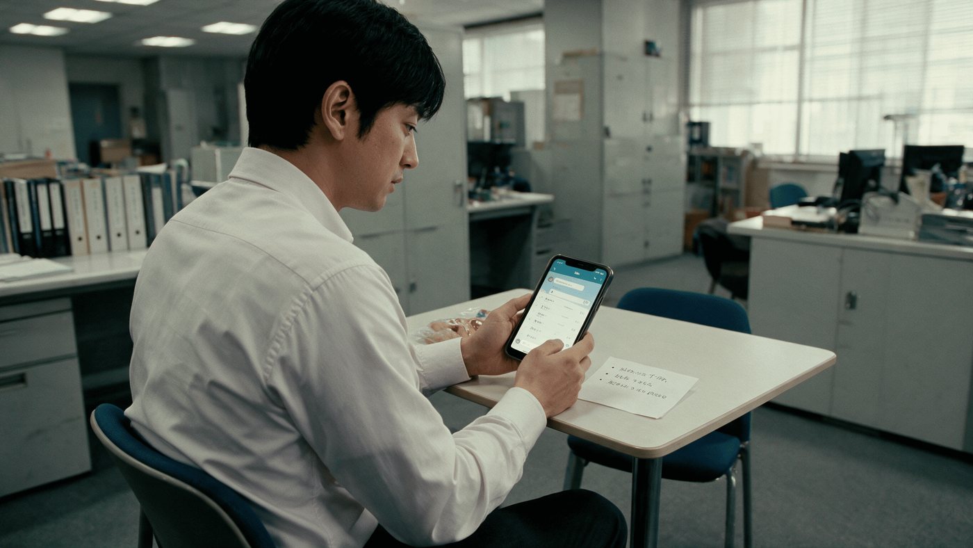 昼休みに事業者へ問い合わせる様子（創作事例のイメージ）