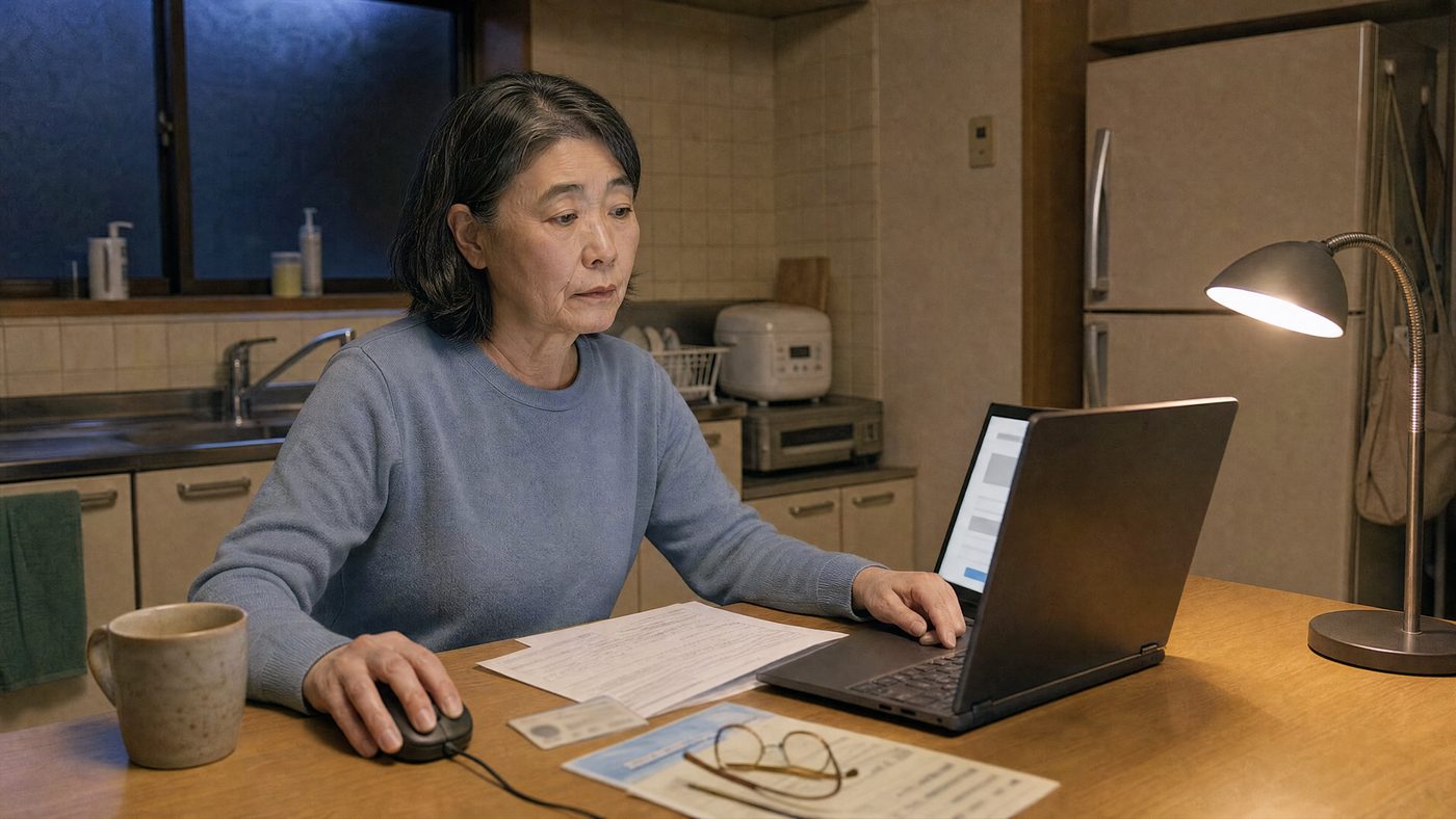 夜の食卓で本人確認の書類を用意して提出する様子（創作事例のイメージ）