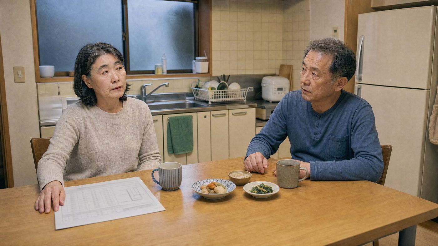 食卓に置かれた見積書をはさんで夫婦で話す様子（創作事例のイメージ）