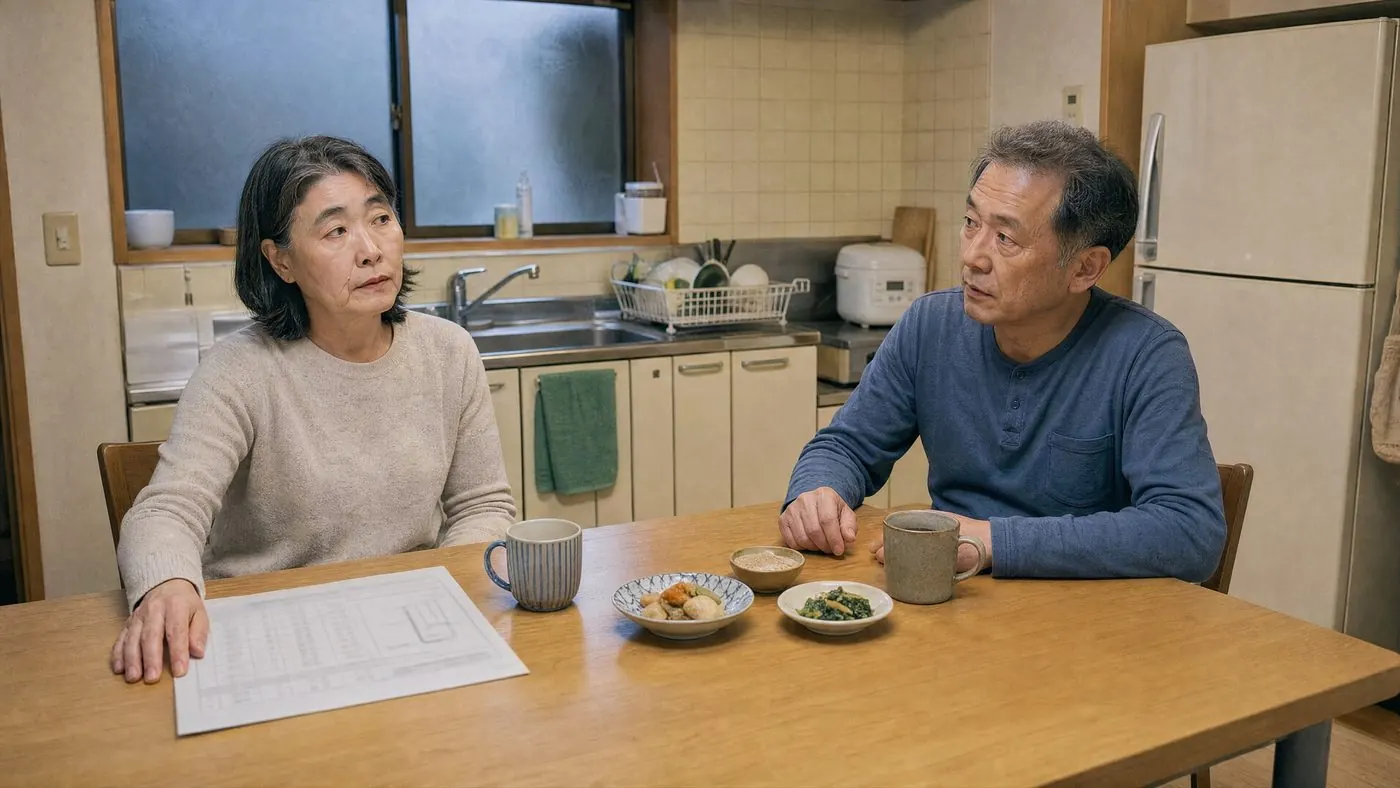 食卓に置かれた見積書をはさんで夫婦で話す様子(創作事例のイメージ)