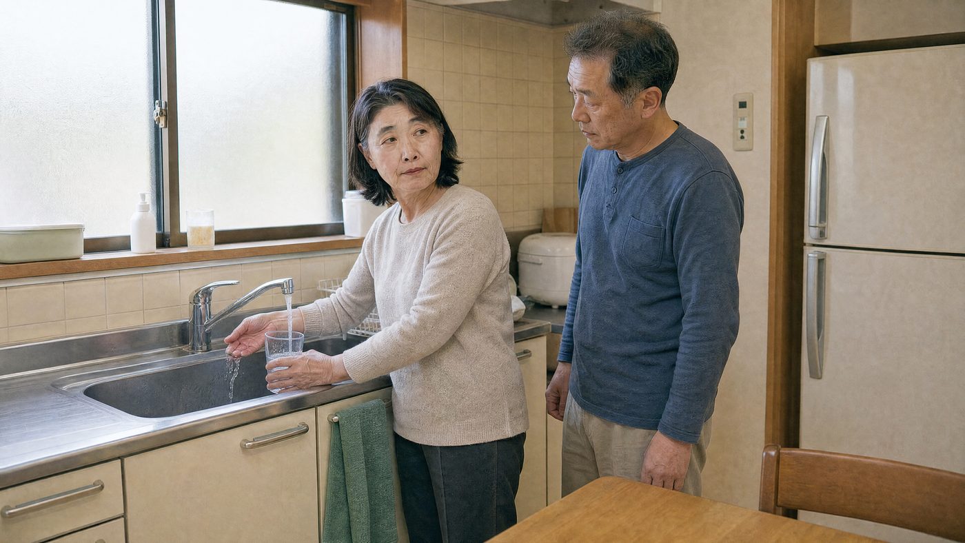 台所で蛇口をひねり、お湯が温かくなるのを確かめる様子（創作事例のイメージ）