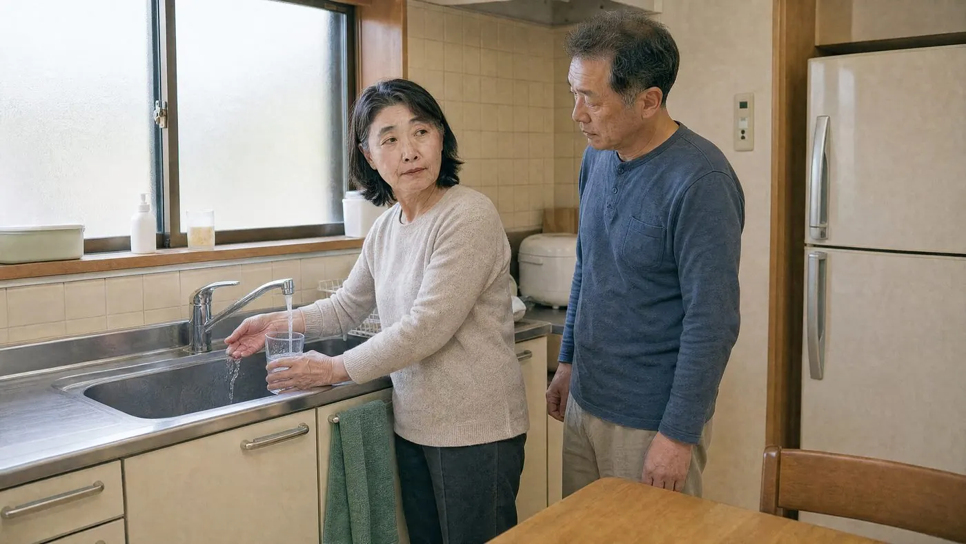 台所で蛇口をひねり、お湯が温かくなるのを確かめる様子(創作事例のイメージ)