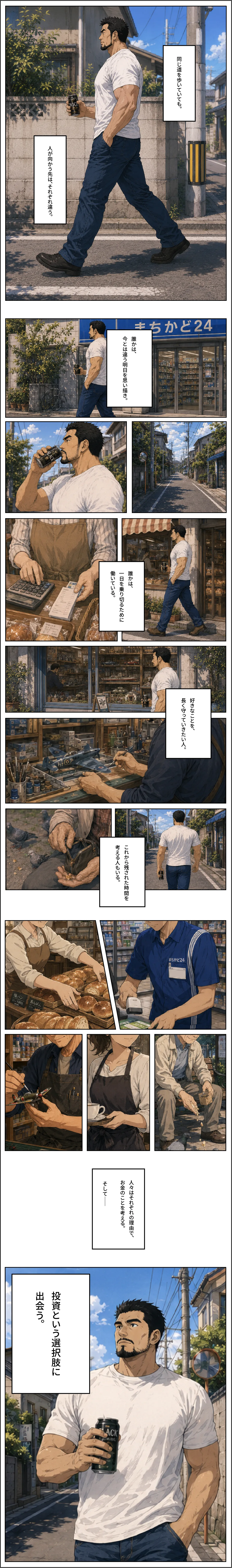 缶コーヒーを持って街を歩く男性が、働く人々の一日を眺めながら投資という選択肢に出会うまでのマンガ 第0話