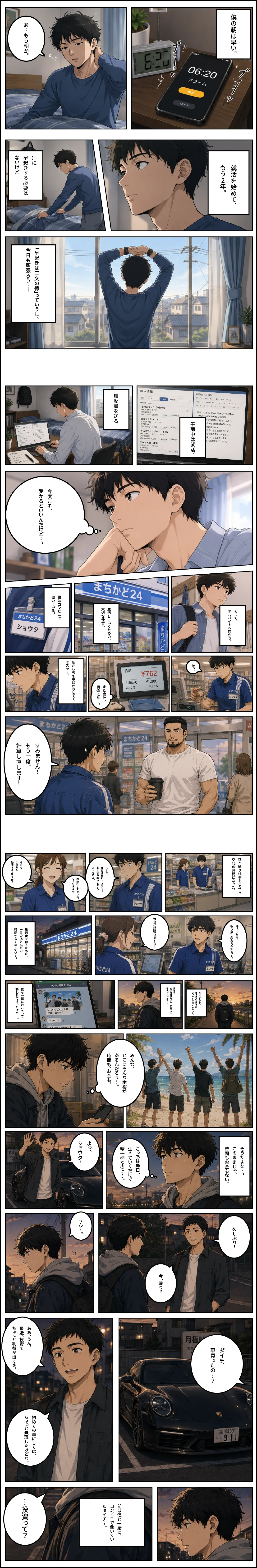 就活2年目のショウタが、投資の利益で車を買った同期のダイチと再会するマンガ 第1話