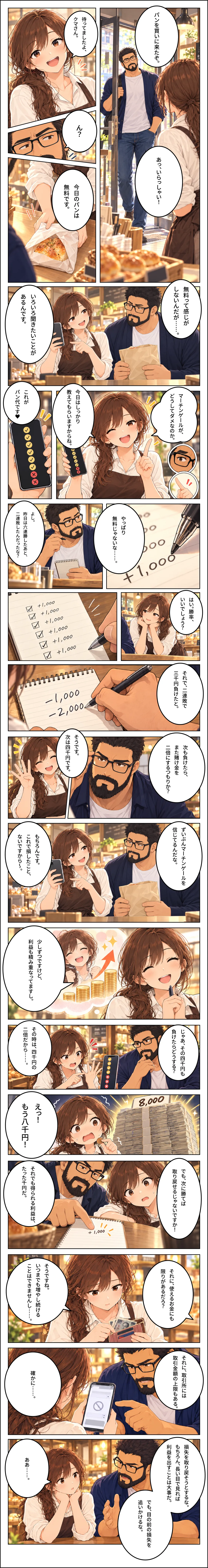 パンを無料で差し出したパン屋の店員に、熊谷がノートを使って「負けるたびに賭け金を二倍にする」マーチンゲール法の問題点を説明し、「目の前の損失を追いかけるな」と言う場面を描いたマンガ　第15話