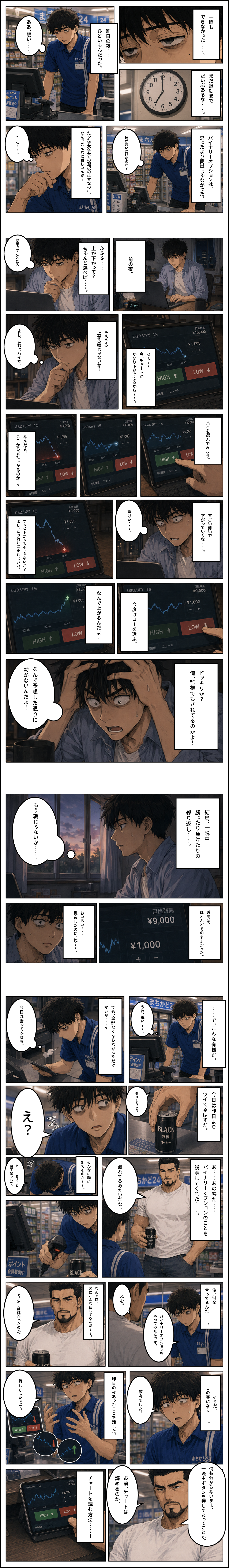 一晩中ハイとローを選び続けて眠れなかったショウタが、常連客の熊谷に声をかけられるマンガ 第3話
