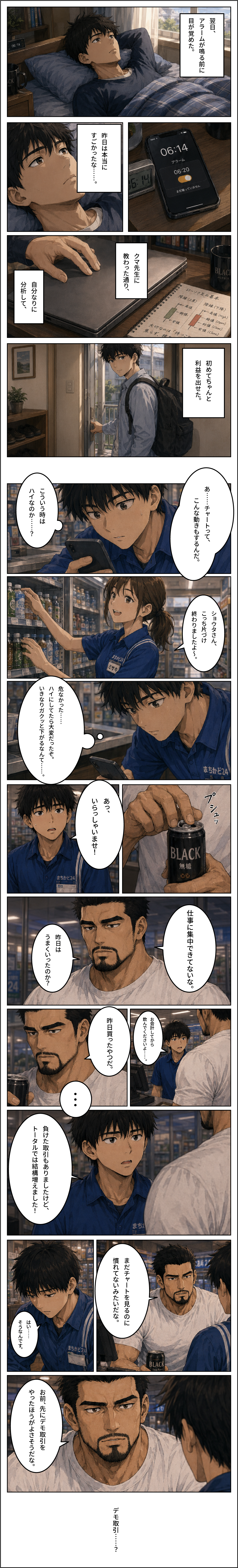 初めて利益を出した翌日、仕事中もチャートが気になるショウタに、熊谷がデモ取引を勧めるマンガ 第6話