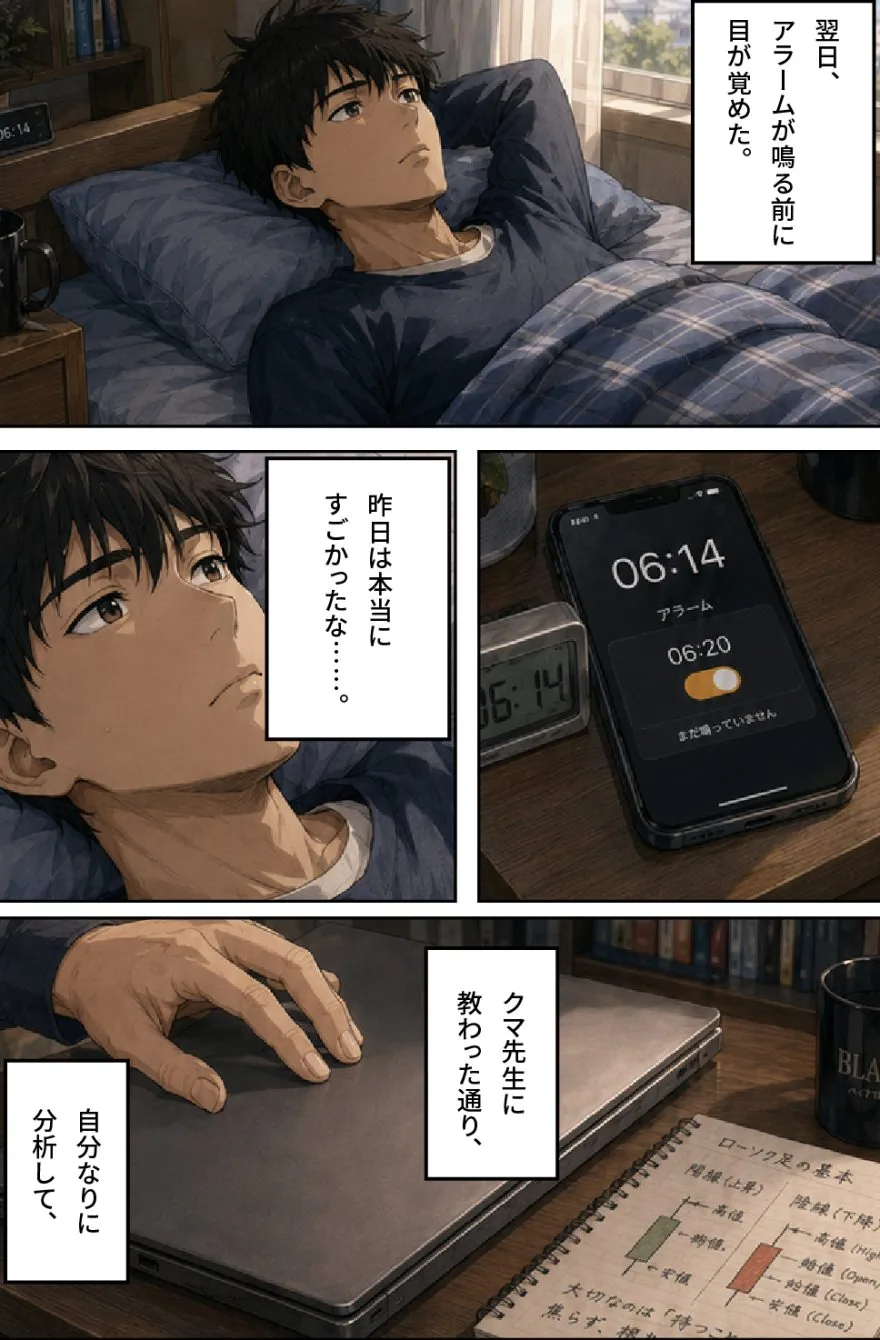 初めて利益を出した翌日、仕事中もチャートが気になるショウタに、熊谷がデモ取引を勧めるマンガ 第6話