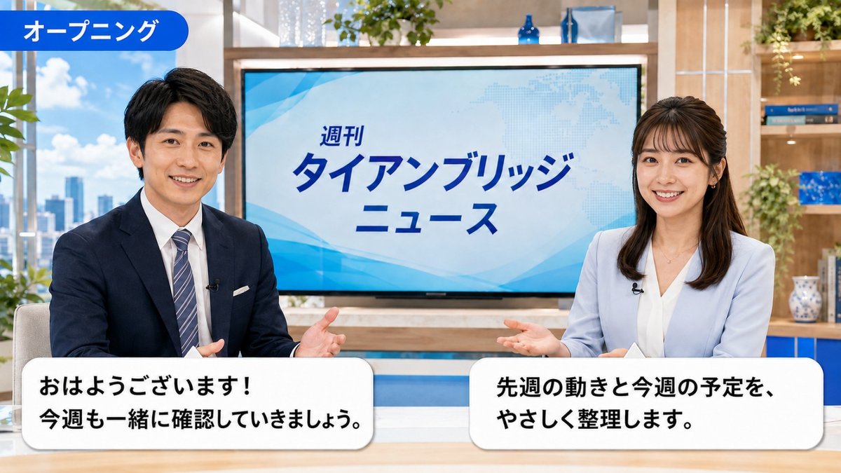 オープニング｜週刊タイアンブリッジニュースのスタジオで進行する二人のキャスター