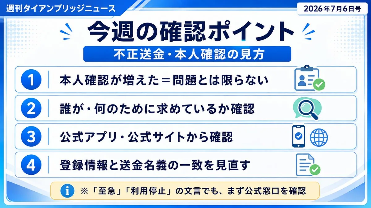 今週の確認ポイント|不正送金・本人確認の見方を4項目にまとめた図