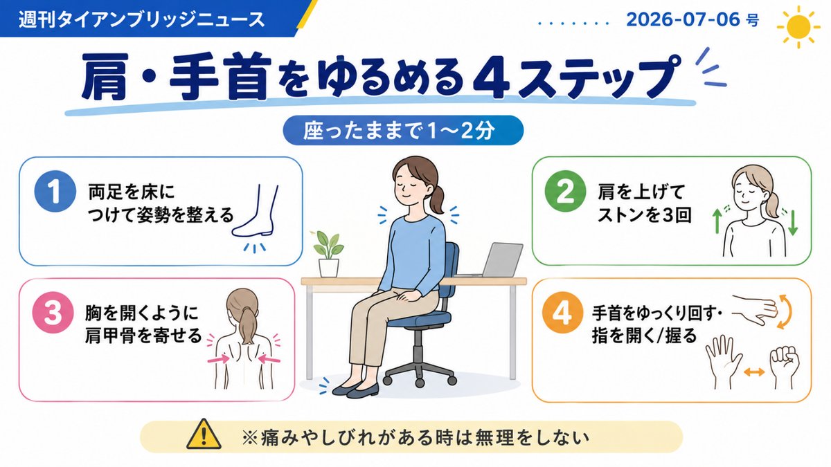 肩・手首をゆるめる4ステップ｜座ったままできるストレッチの図解