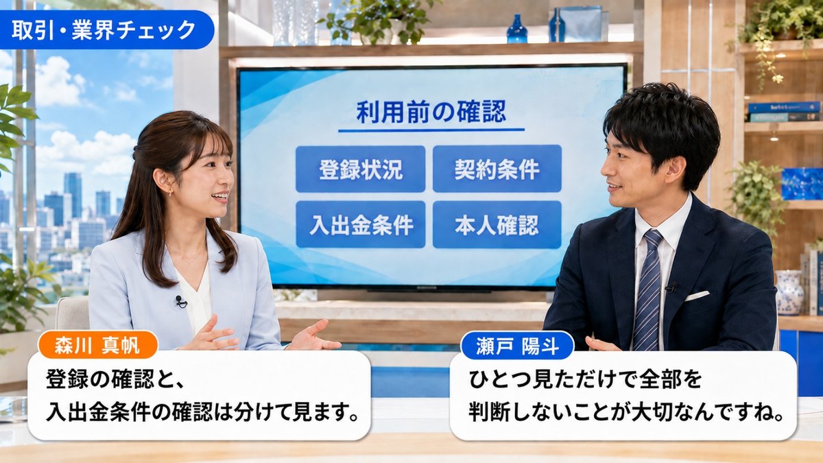 取引・業界チェック｜海外業者の登録と条件の確認について話すスタジオ