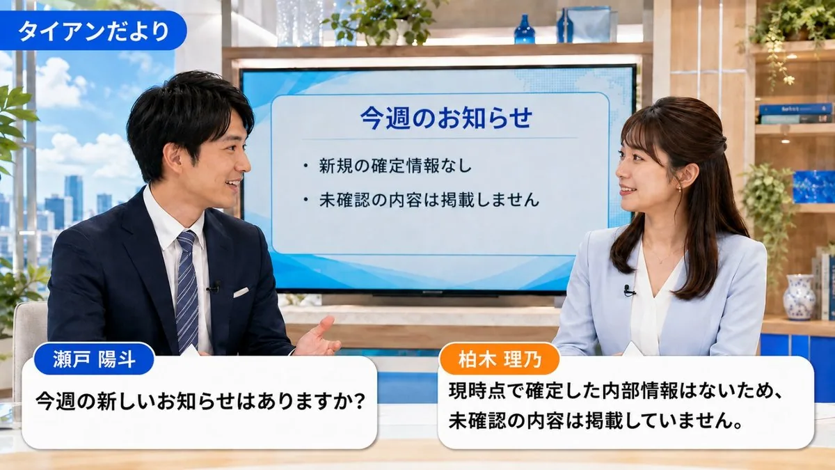 タイアンだより|今週のお知らせについて話すキャスター