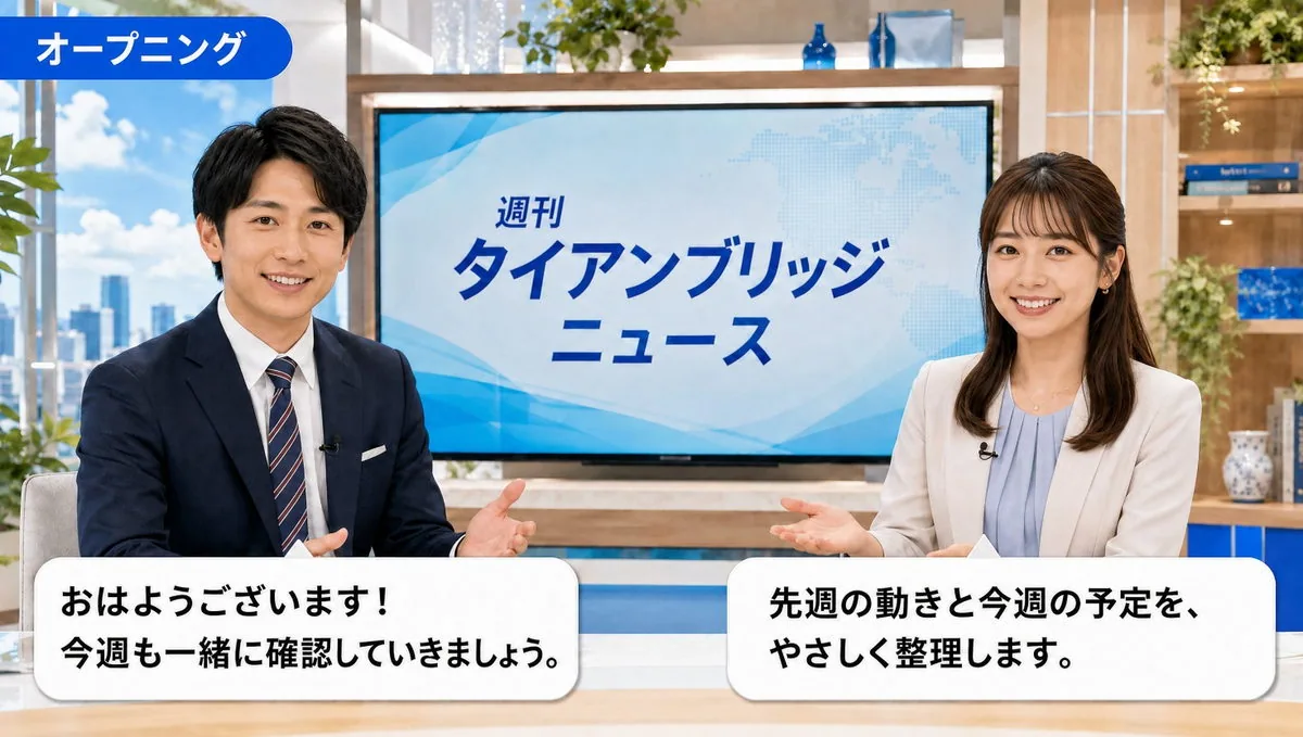 オープニング|週刊タイアンブリッジニュース 2026年7月13日号のスタジオと二人のキャスター
