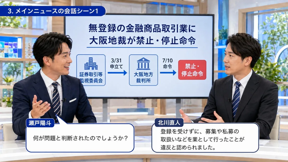 今週のメインニュース|無登録の金融商品取引業に大阪地裁が禁止・停止命令を出したことを伝えるスタジオ
