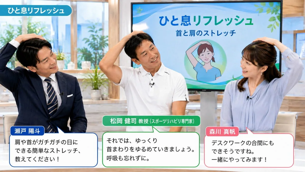 ひと息リフレッシュ|首と肩のストレッチを紹介するスタジオ