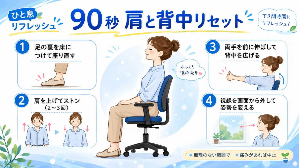 90秒で肩と背中をリセット|座ったままできる4ステップのストレッチ図解