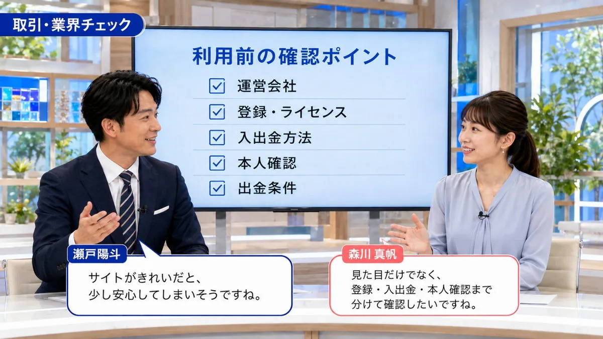 取引・業界チェック|利用前の確認ポイントを説明するキャスター