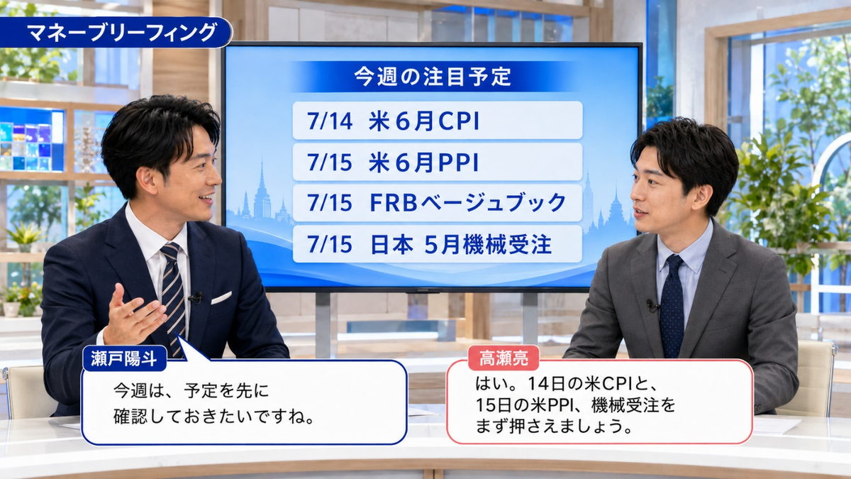 マネーブリーフィング｜米CPI・PPI・ベージュブック・機械受注など今週の注目予定を示すスタジオ