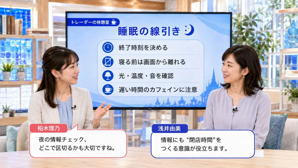 トレーダーの休憩室|睡眠の線引きについて話すキャスターと専門家