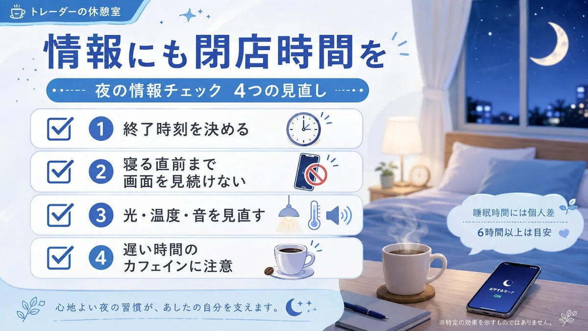 情報にも閉店時間を|夜の情報チェック4つの見直しを並べた図