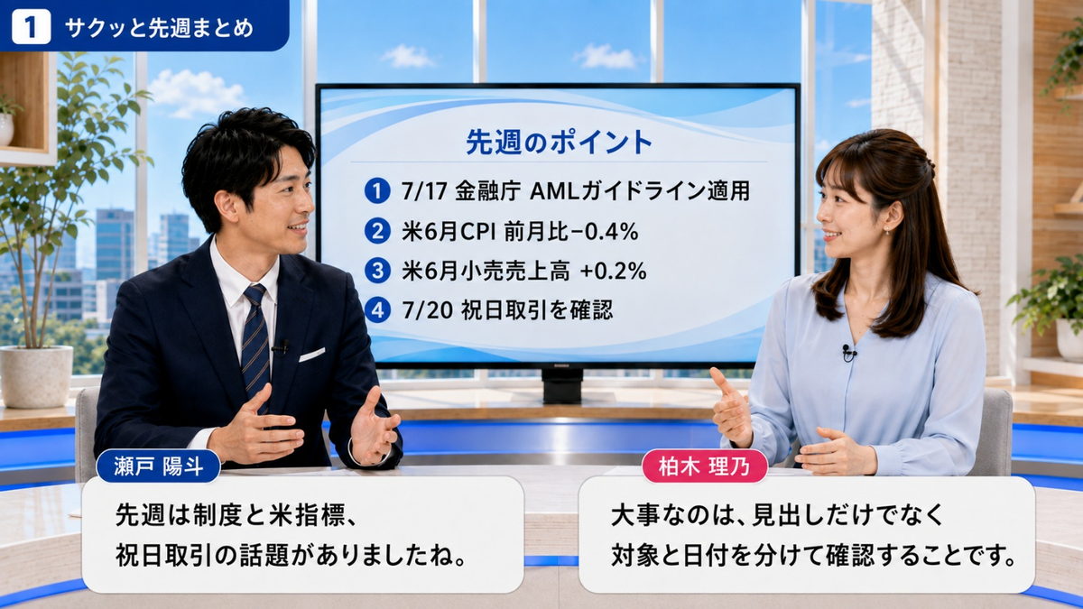 先週まとめ|AMLガイドライン適用・米CPI・米小売売上高・祝日取引を一覧で振り返るスタジオ