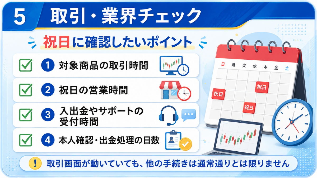 祝日に確認したいポイント|取引時間・営業時間・入出金とサポートの受付時間・本人確認と出金処理の日数を並べた図