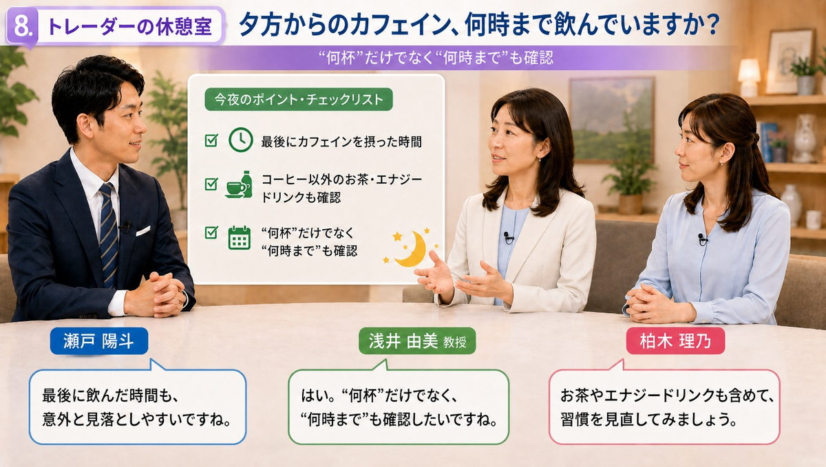 トレーダーの休憩室|夕方からのカフェインについて話すキャスターと専門家
