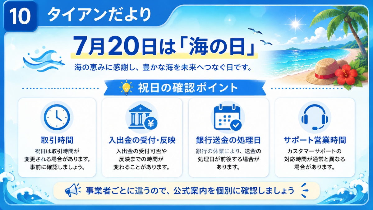 タイアンだより|7月20日「海の日」の確認ポイント(取引時間・入出金・銀行送金・サポート)を示す図