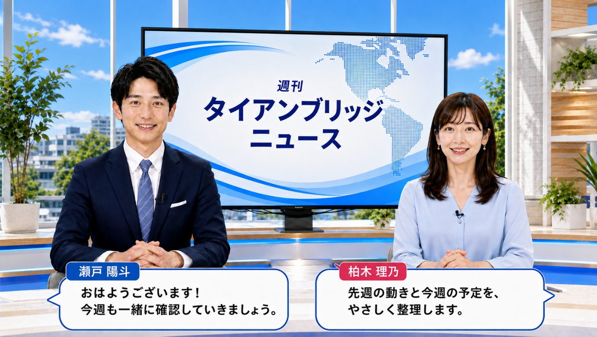 オープニング｜週刊タイアンブリッジニュース 2026年7月27日号のスタジオと二人のキャスター