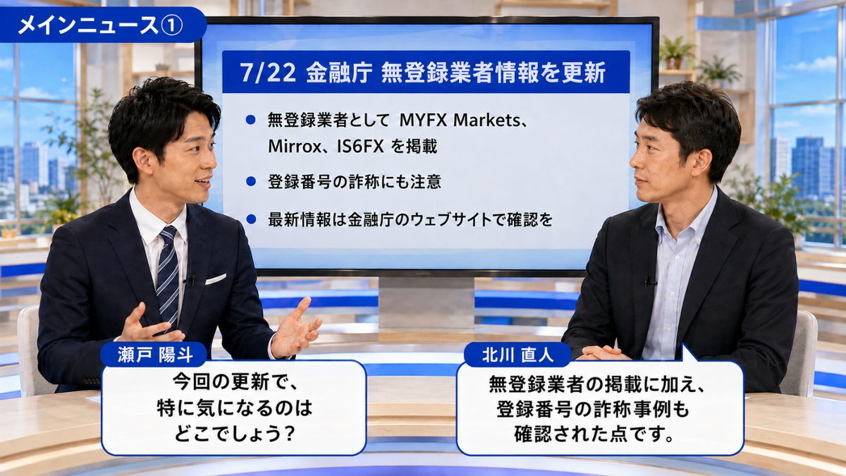 今週のメインニュース｜7月22日の金融庁による無登録業者情報の更新を解説するスタジオ