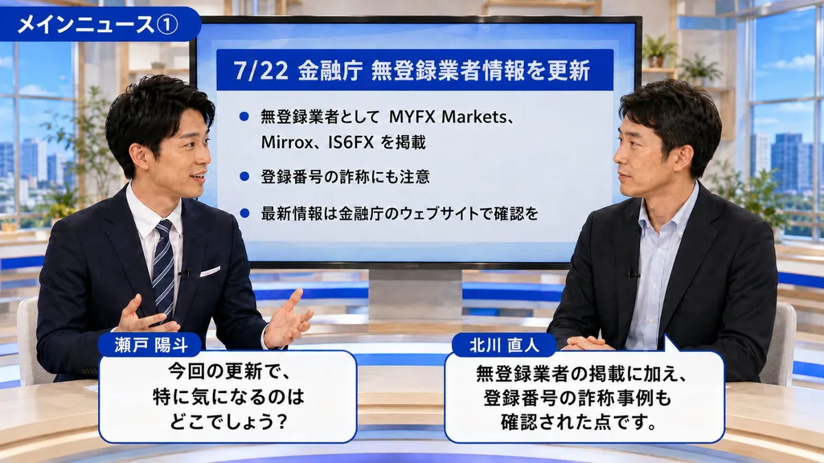今週のメインニュース｜7月22日の金融庁による無登録業者情報の更新を解説するスタジオ