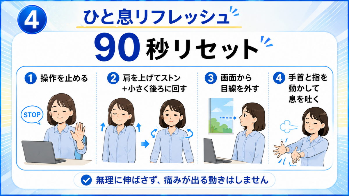 90秒リセット｜操作を止める・肩を上げて戻す・画面から目線を外す・手首と指を動かすの5ステップ図解