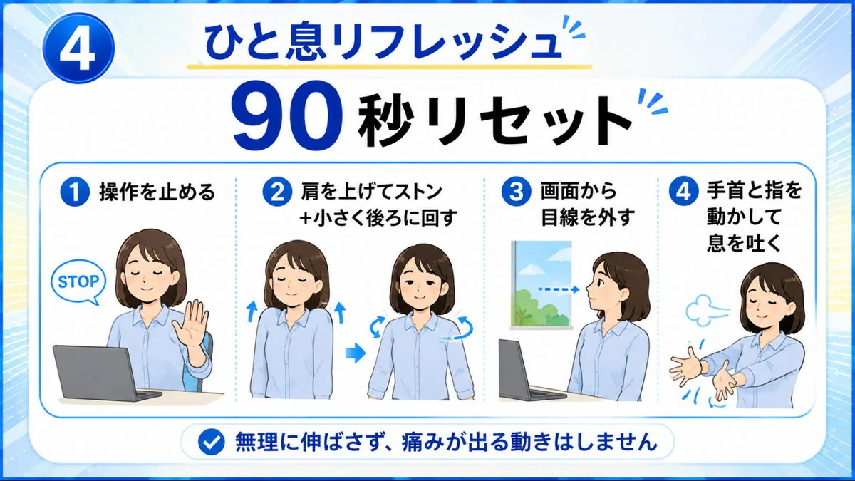 90秒リセット｜操作を止める・肩を上げて戻す・画面から目線を外す・手首と指を動かすの5ステップ図解
