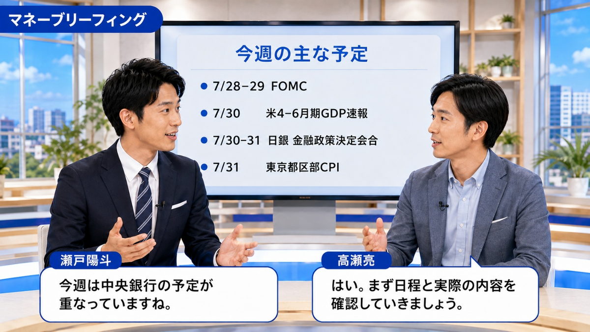 マネーブリーフィング｜FOMC・日銀会合・米GDPなど今週の主な予定を示すスタジオ