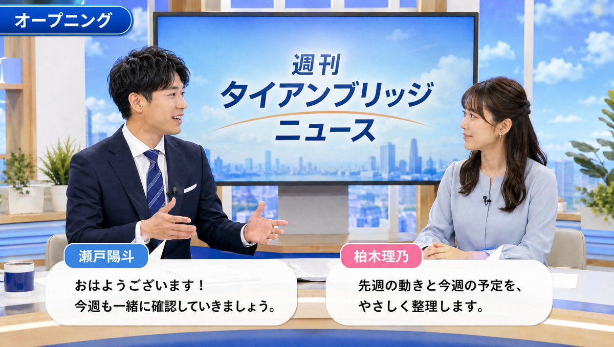 オープニング｜週刊タイアンブリッジニュース 2026年8月3日号のスタジオと二人のキャスター