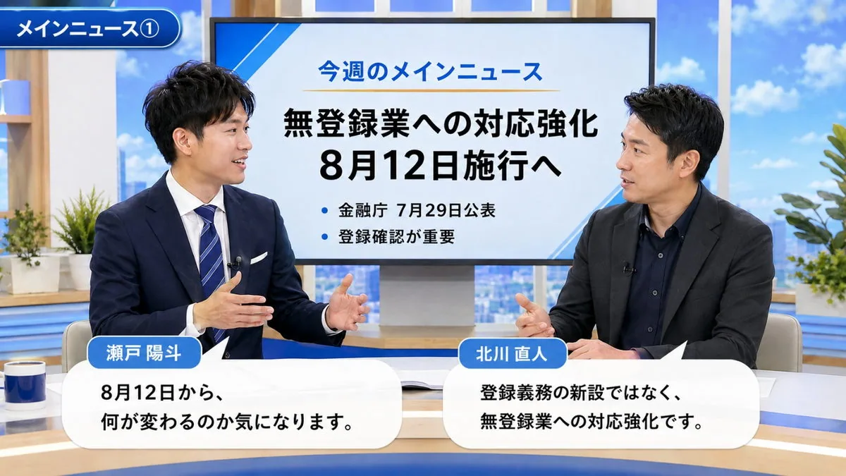 今週のメインニュース|無登録業への対応強化が8月12日に施行されることを解説するスタジオ