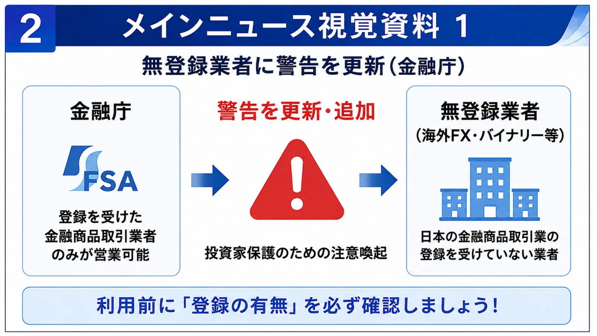 無登録業者に警告を更新(金融庁)|登録を受けた事業者のみが営業可能で、利用前に登録の有無を確認することを示す図