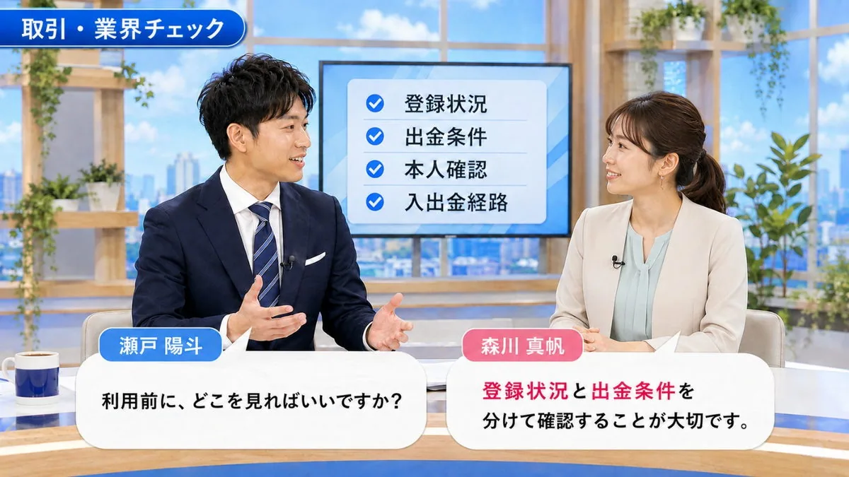 取引・業界チェック|登録状況・出金条件・本人確認・入出金経路を分けて確認するよう説明するキャスター
