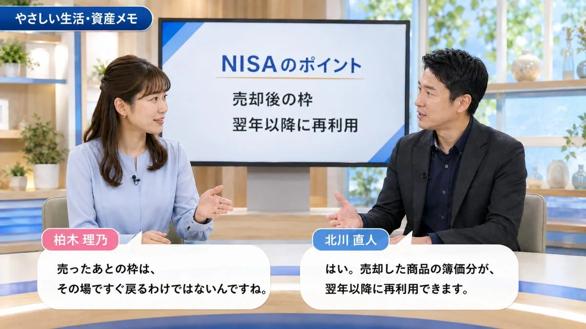 やさしい生活・資産メモ|NISAの売却後の枠は翌年以降に再利用できることを話すキャスター