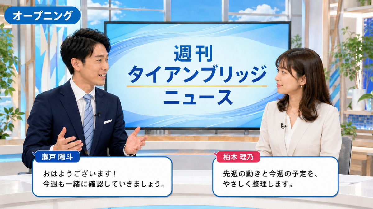 オープニング|週刊タイアンブリッジニュース 2026年8月10日号のスタジオと二人のキャスター