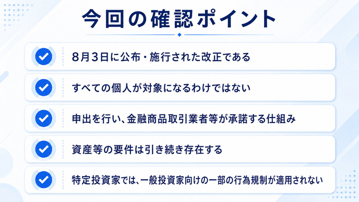 今回の確認ポイント|緩和されたのは要件の一部であること、申出と業者の承諾が必要なこと、一般投資家向けの行為規制が一部適用されないことを示す図
