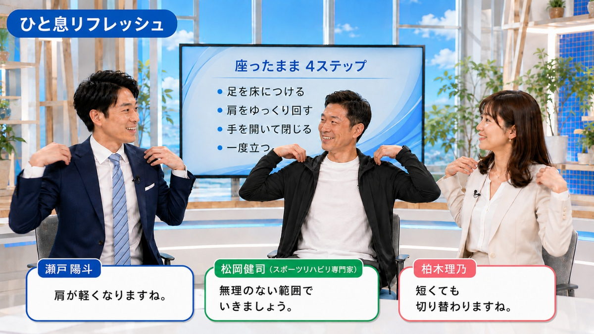 ひと息リフレッシュ|座ったままできる4ステップの小休憩を紹介するスタジオ